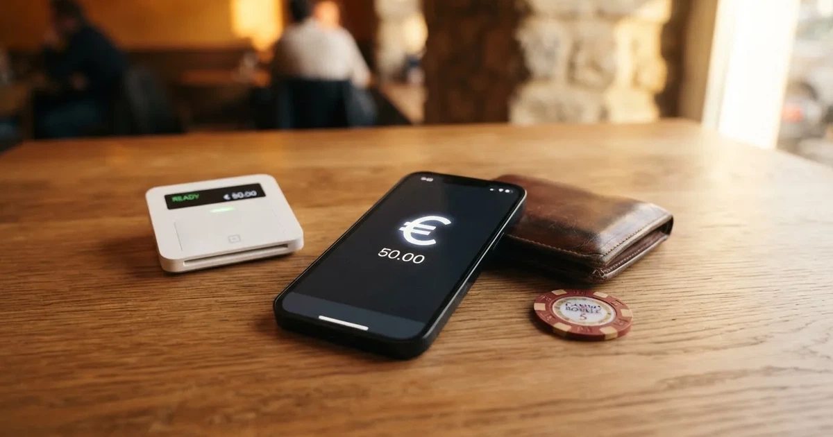 Kartenterminal und Smartphone auf einem Holztisch neben einer Geldbörse — online casino schnelle auszahlung